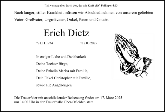 Traueranzeige von Erich Dietz von Oberhessische Zeitung, Alsfelder Allgemeine