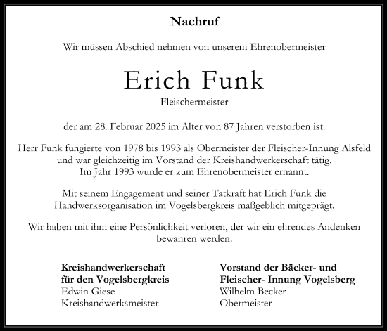 Traueranzeige von Erich Funk von Oberhessische Zeitung