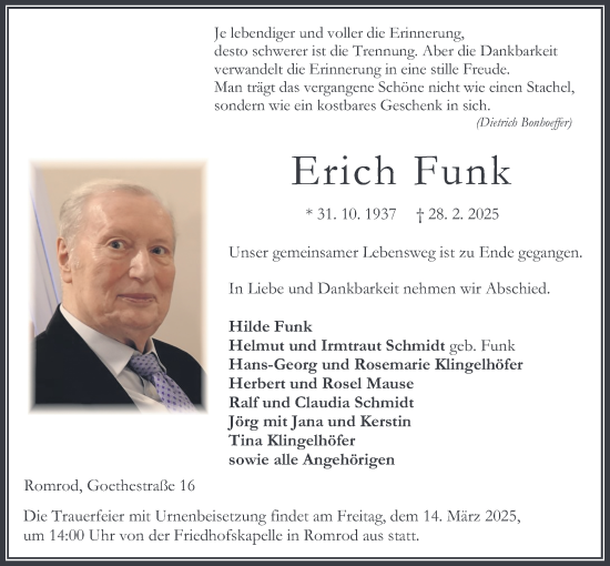 Traueranzeige von Erich Funk von Oberhessische Zeitung