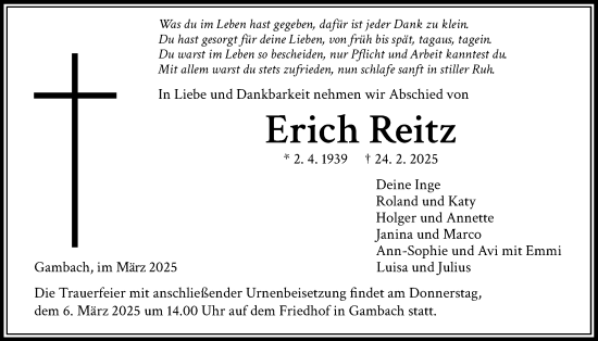 Traueranzeige von Erich Reitz von Butzbacher Zeitung
