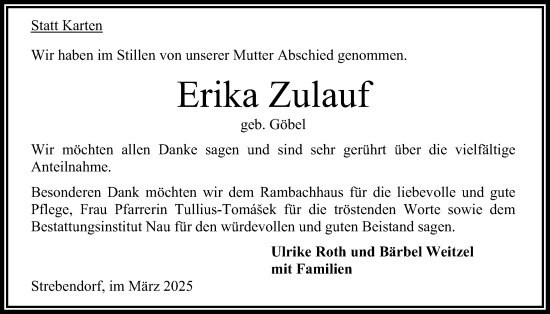 Traueranzeige von Erika Zulauf von Oberhessische Zeitung