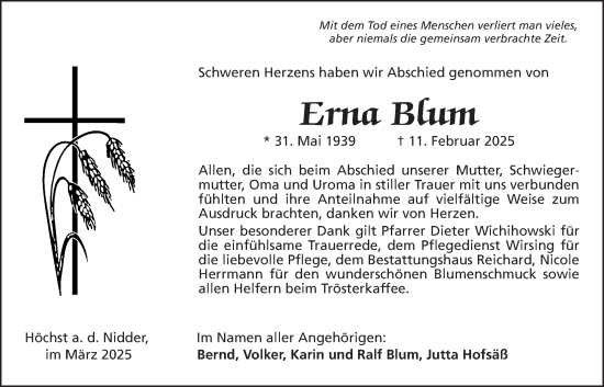 Traueranzeige von Erna Blum von Kreis-Anzeiger