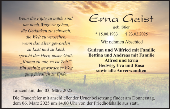 Traueranzeige von Erna Geist von Lauterbacher Anzeiger