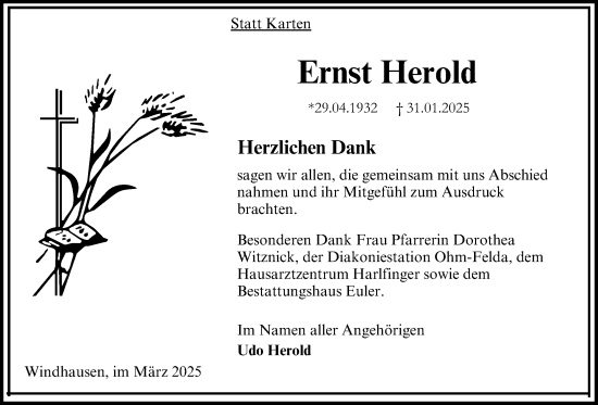 Traueranzeige von Ernst Herold von Oberhessische Zeitung