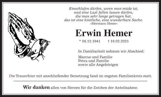 Traueranzeige von Erwin Hemer von Giessener Allgemeine, Alsfelder Allgemeine