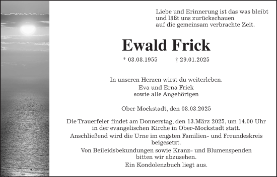 Traueranzeige von Ewald Frick von Kreis-Anzeiger