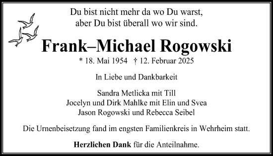 Traueranzeige von Frank-Michael Rogowski von Usinger Anzeigenblatt