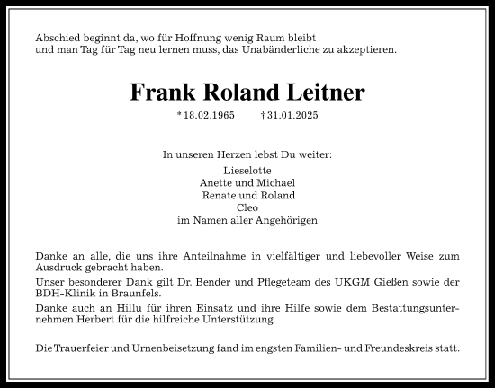 Traueranzeige von Frank Roland Leitner von Licher Wochenblatt