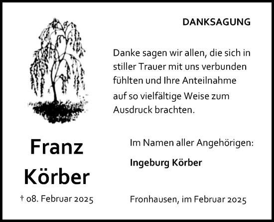 Traueranzeige von Franz Körber von Giessener Allgemeine, Alsfelder Allgemeine