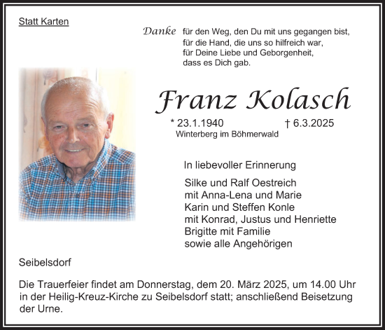 Traueranzeige von Franz Kolasch von Oberhessische Zeitung