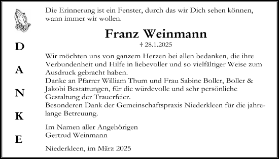 Traueranzeige von Franz Weinmann von Butzbacher Zeitung