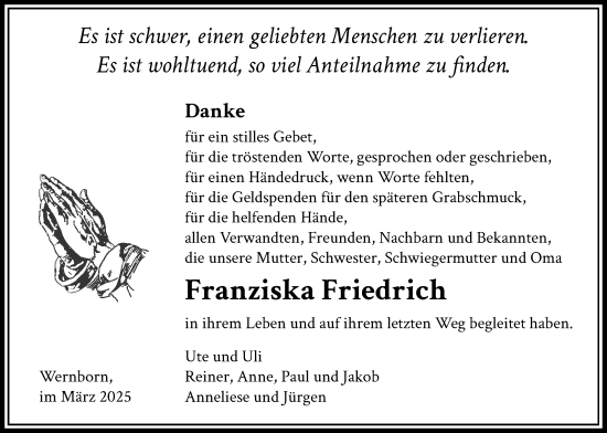 Traueranzeige von Franziska Friedrich von Usinger Anzeiger, Usinger Anzeigenblatt