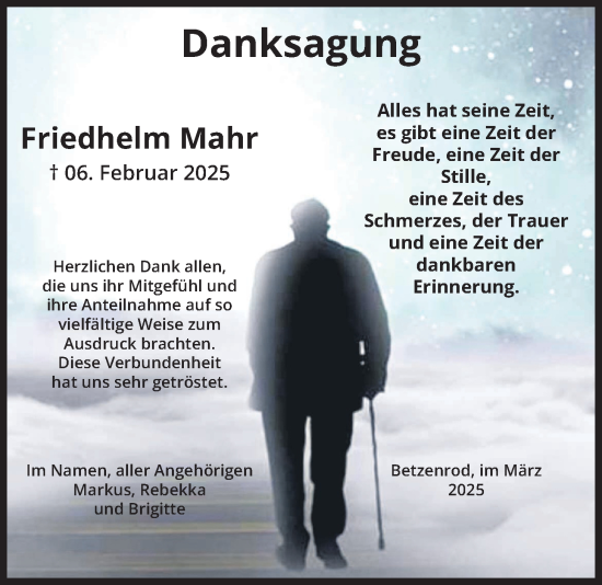 Traueranzeige von Friedhelm Mahr von Kreis-Anzeiger