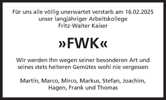 Traueranzeige von Fritz-Walter Kaiser von Kreis-Anzeiger