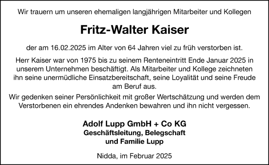 Traueranzeige von Fritz-Walter Kaiser von Kreis-Anzeiger
