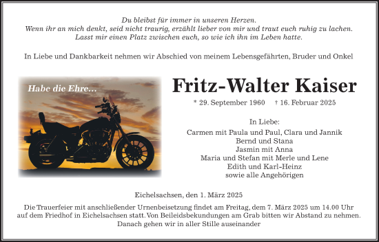 Traueranzeige von Fritz-Walter Kaiser von Kreis-Anzeiger