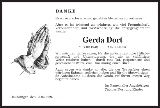Traueranzeige von Gerda Dort von Giessener Allgemeine, Alsfelder Allgemeine, Giessener Anzeiger