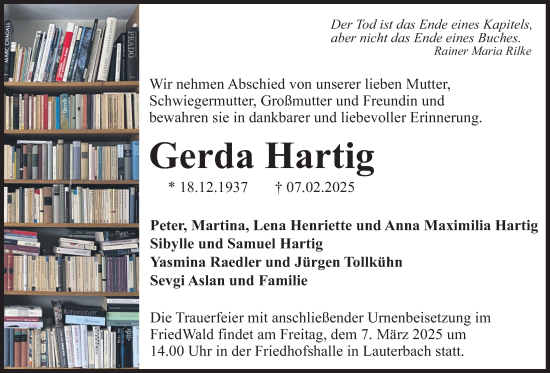 Traueranzeige von Gerda Hartig von Lauterbacher Anzeiger