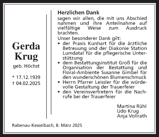 Traueranzeige von Gerda Krug von Giessener Anzeiger, Giessener Allgemeine, Alsfelder Allgemeine