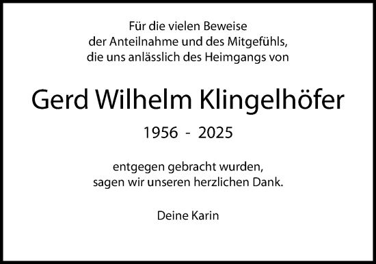 Traueranzeige von Gerd Wilhelm Klingelhöfer von Giessener Allgemeine, Alsfelder Allgemeine, Giessener Anzeiger