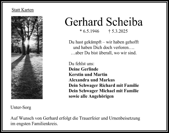 Traueranzeige von Gerhard Scheiba von Oberhessische Zeitung