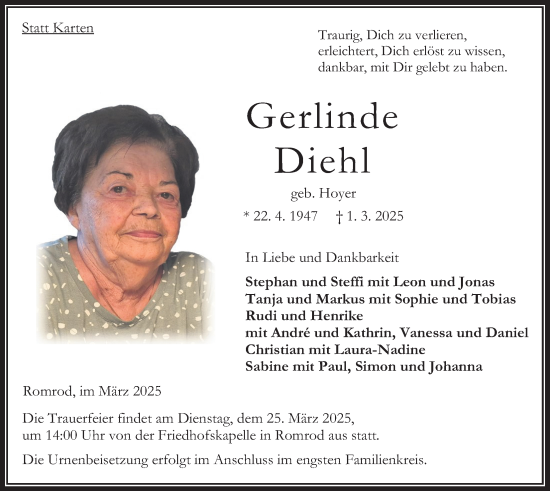 Traueranzeige von Gerlinde Diehl von Oberhessische Zeitung, 