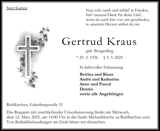 Traueranzeige von Gertrud Kraus von Oberhessische Zeitung