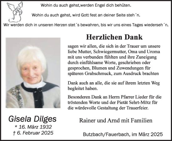 Traueranzeige von Gisela Dilges von Butzbacher Zeitung
