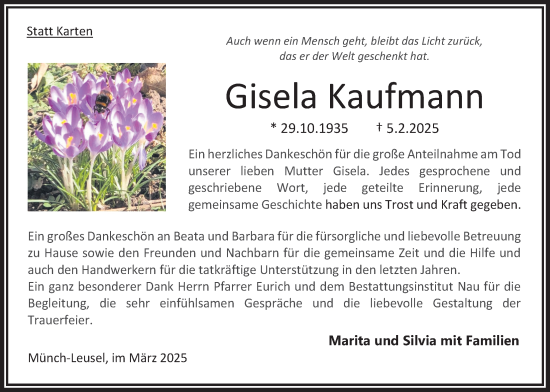 Traueranzeige von Gisela Kaufmann von Oberhessische Zeitung