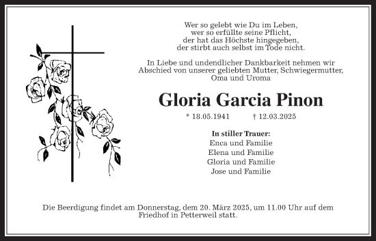 Traueranzeige von Gloria Garcia Pinon von Wetterauer Zeitung