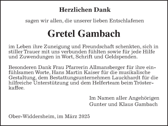 Traueranzeige von Gretel Gambach von Kreis-Anzeiger
