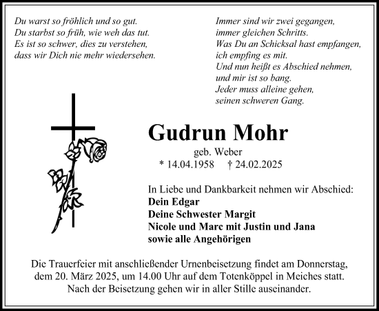 Traueranzeige von Gudrun Mohr von Lauterbacher Anzeiger
