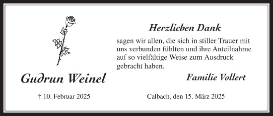Traueranzeige von Gudrun Weinel von Kreis-Anzeiger