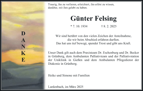 Traueranzeige von Günter Felsing von Giessener Allgemeine, Alsfelder Allgemeine