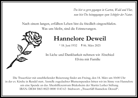 Traueranzeige von Hannelore Deweil von Bad Vilbel/Karben