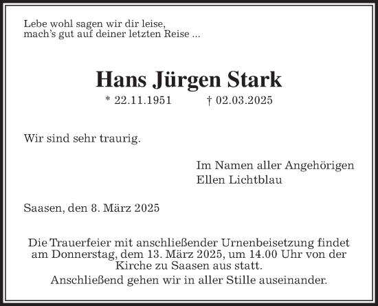 Traueranzeige von Hans Jürgen Stark von Giessener Allgemeine, Alsfelder Allgemeine, Giessener Anzeiger
