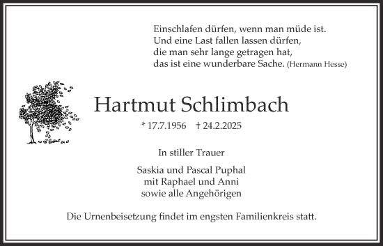 Traueranzeige von Hartmut Schlimbach von Bad Vilbel/Karben