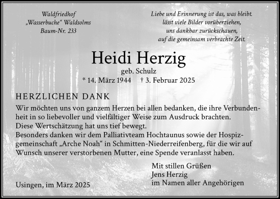 Traueranzeige von Heidi Herzig von Usinger Anzeiger
