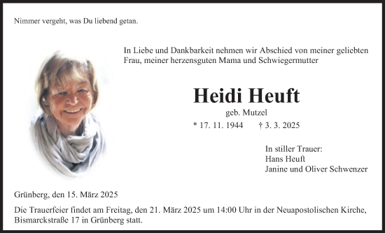 Traueranzeige von Heidi Heuft von Giessener Allgemeine, Alsfelder Allgemeine
