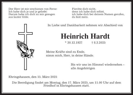 Traueranzeige von Heinrich Hardt von Oberhessische Zeitung