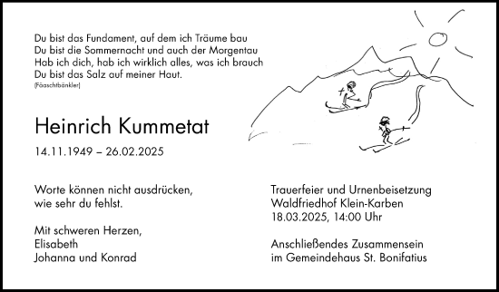 Traueranzeige von Heinrich Kummetat von Bad Vilbel/Karben