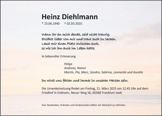 Traueranzeige von Heinz Diehlmann von Butzbacher Zeitung, Wetterauer Zeitung