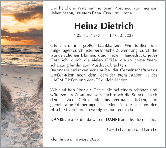 Traueranzeige von Heinz Dietrich von Giessener Allgemeine, Alsfelder Allgemeine, Giessener Anzeiger