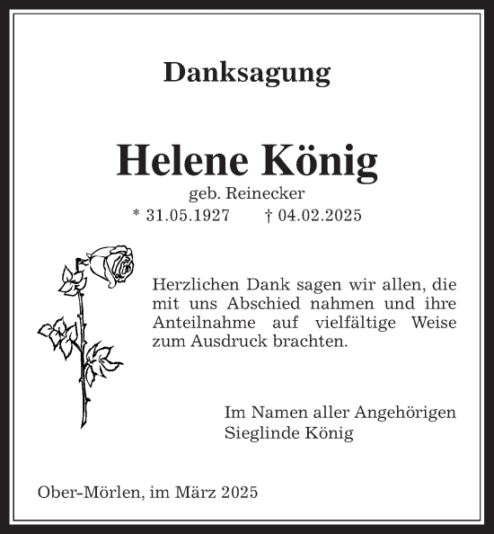 Traueranzeige von Helene König von Wetterauer Zeitung