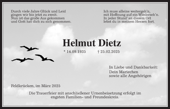 Traueranzeige von Helmut Dietz von Lauterbacher Anzeiger