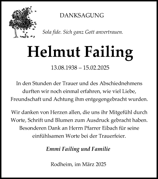 Traueranzeige von Helmut Failing von Giessener Anzeiger