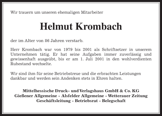 Traueranzeige von Helmut Krombach von Giessener Allgemeine, Alsfelder Allgemeine