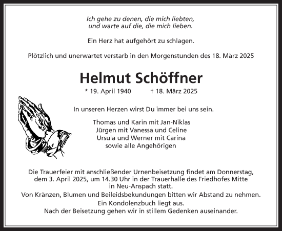 Traueranzeige von Helmut Schöffner von Usinger Anzeiger
