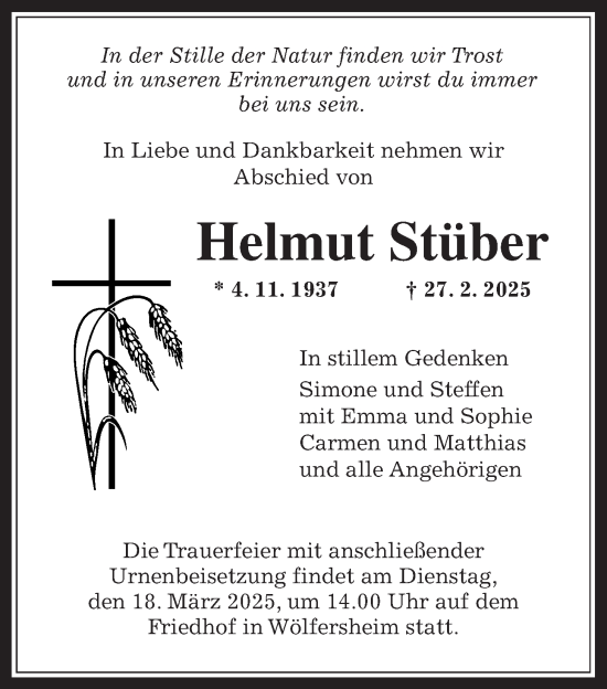 Traueranzeige von Helmut Stüber von Wetterauer Zeitung