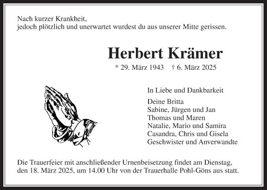 Traueranzeige von Herbert Krämer von Butzbacher Zeitung